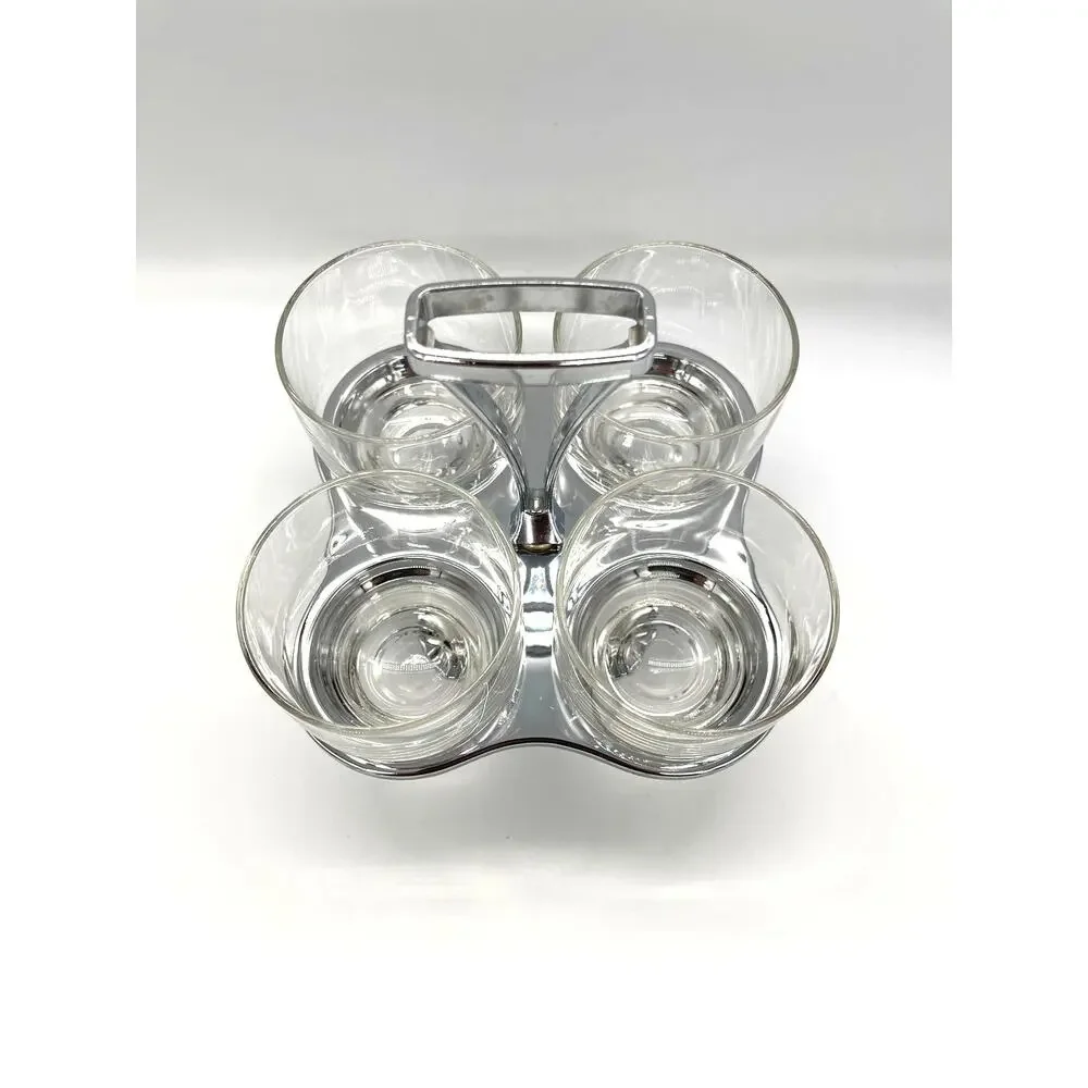 Vintage Mid Century Milbern Chrome & Wood Condiment Caddy 4 Glasses & Spoons